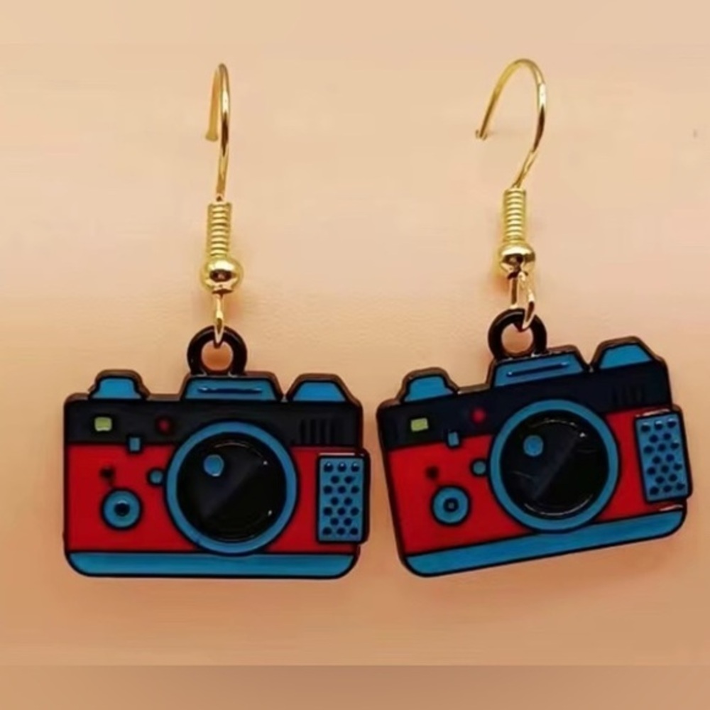 NWT - Retro Camera Metal Dangle Earrings Set - Blue Red & Black